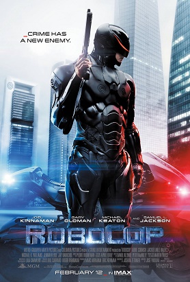 RoboCop 2014 movie poster: A robot police officer holds a gun and stands in front of his motorcycle