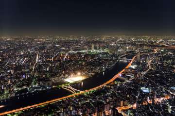 Tokyo lights from the top of Skytree tower. Six-image stack, 0.5 seconds each.