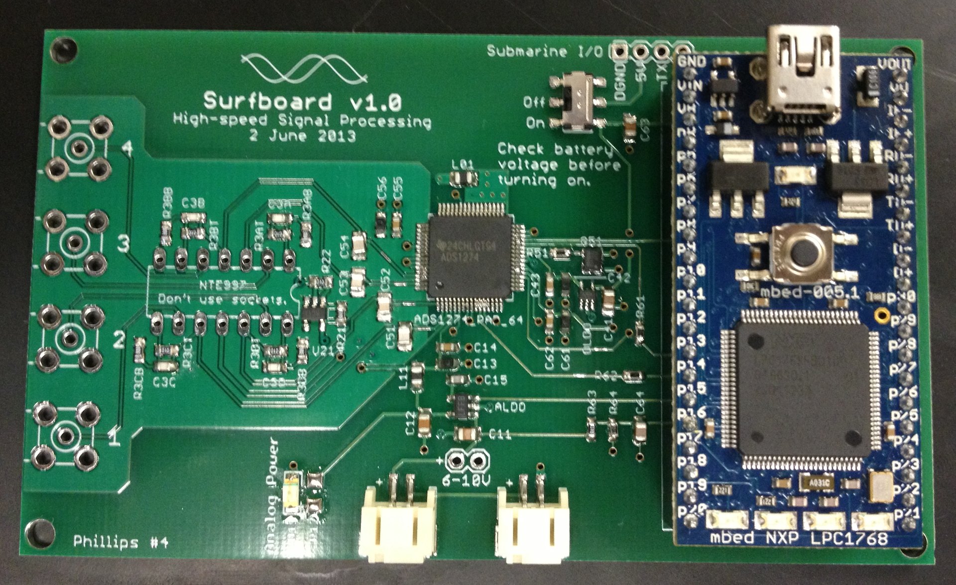 A green circuit board labeled Surfboard.