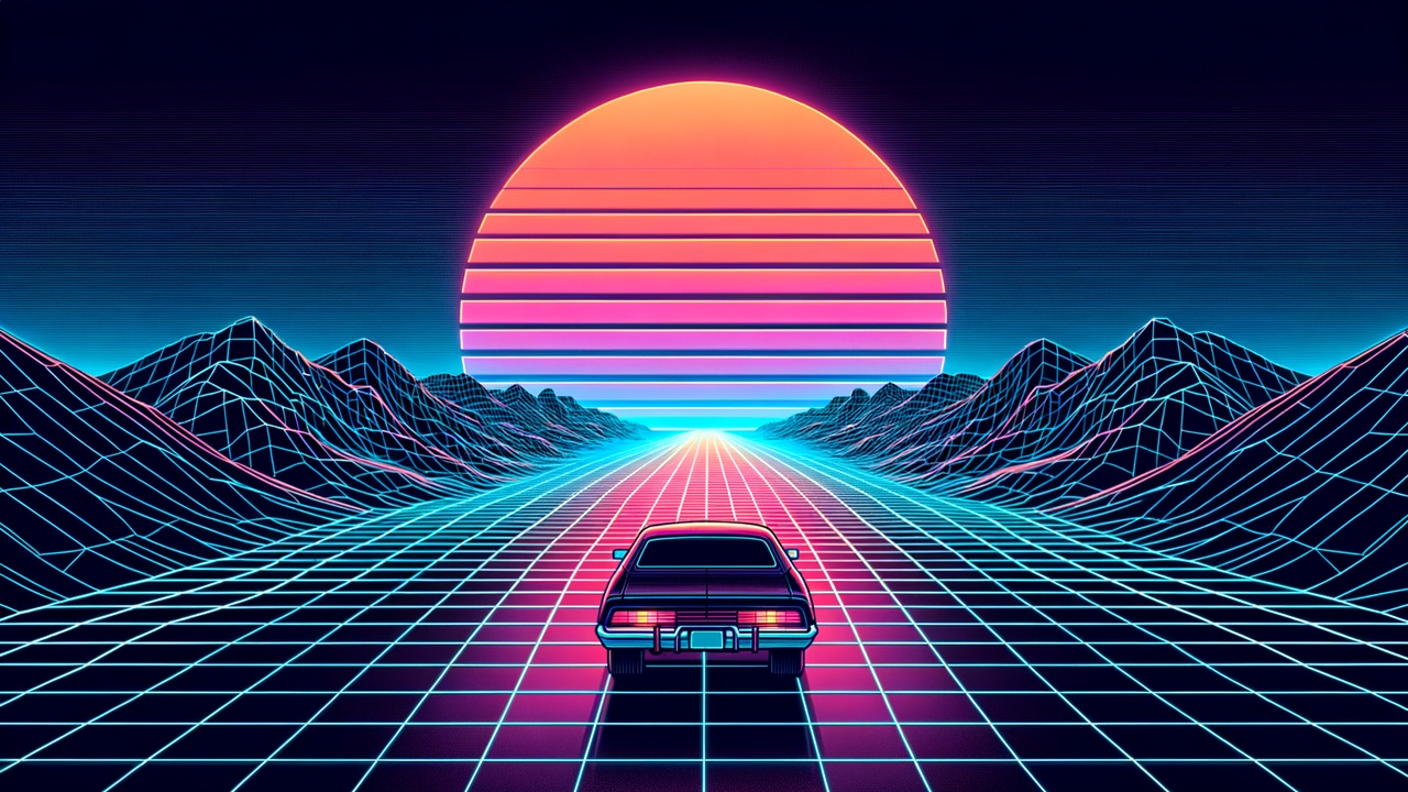 Sedan driving into the sunset on a vaporwave-style wireframe road flanked by hills
