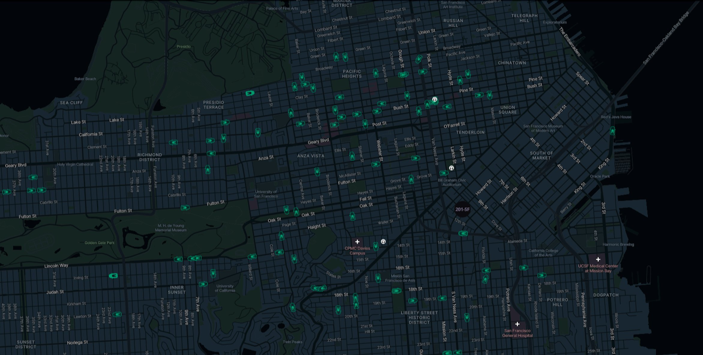 A screenshot of a map of San Francisco with vehicle and headphone icons overlaid