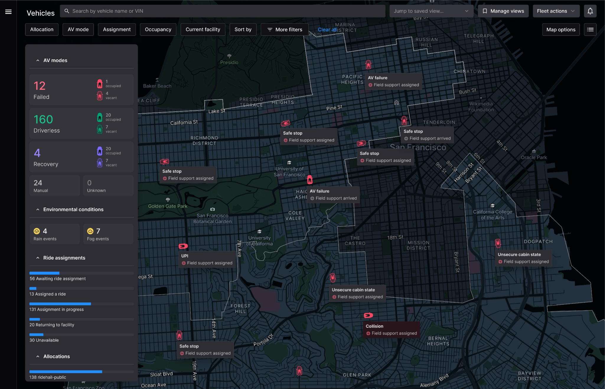 A screenshot of a map of San Francisco with vehicle and headphone icons overlaid