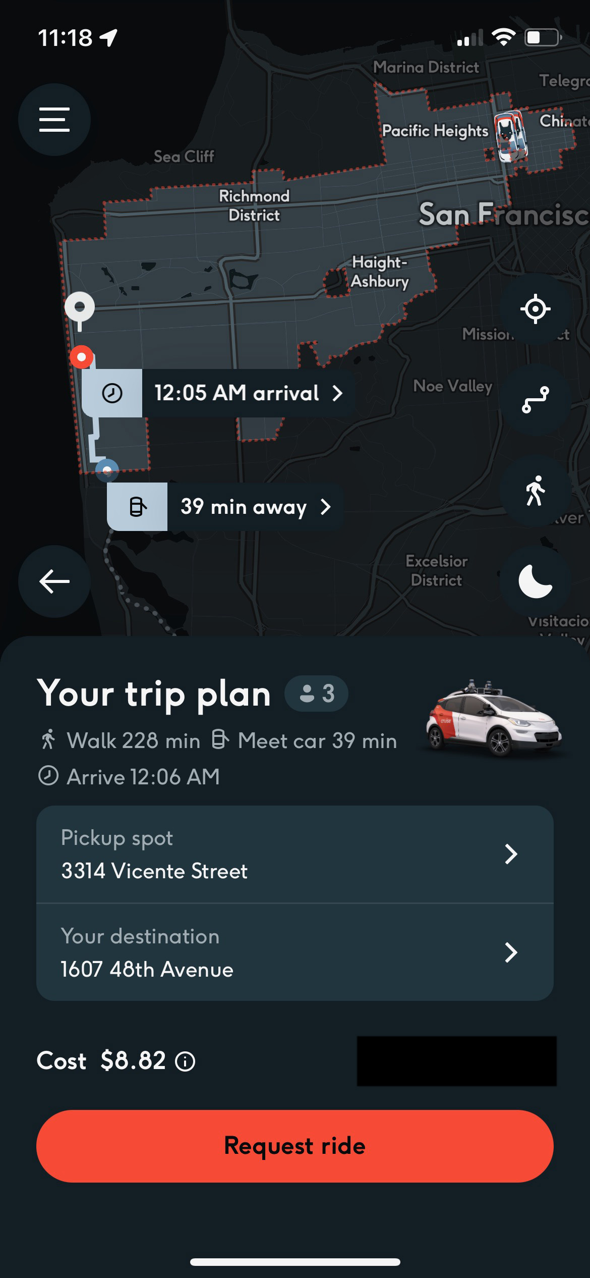 A screenshot of the trip plan. Car arriving in 39 minutes.