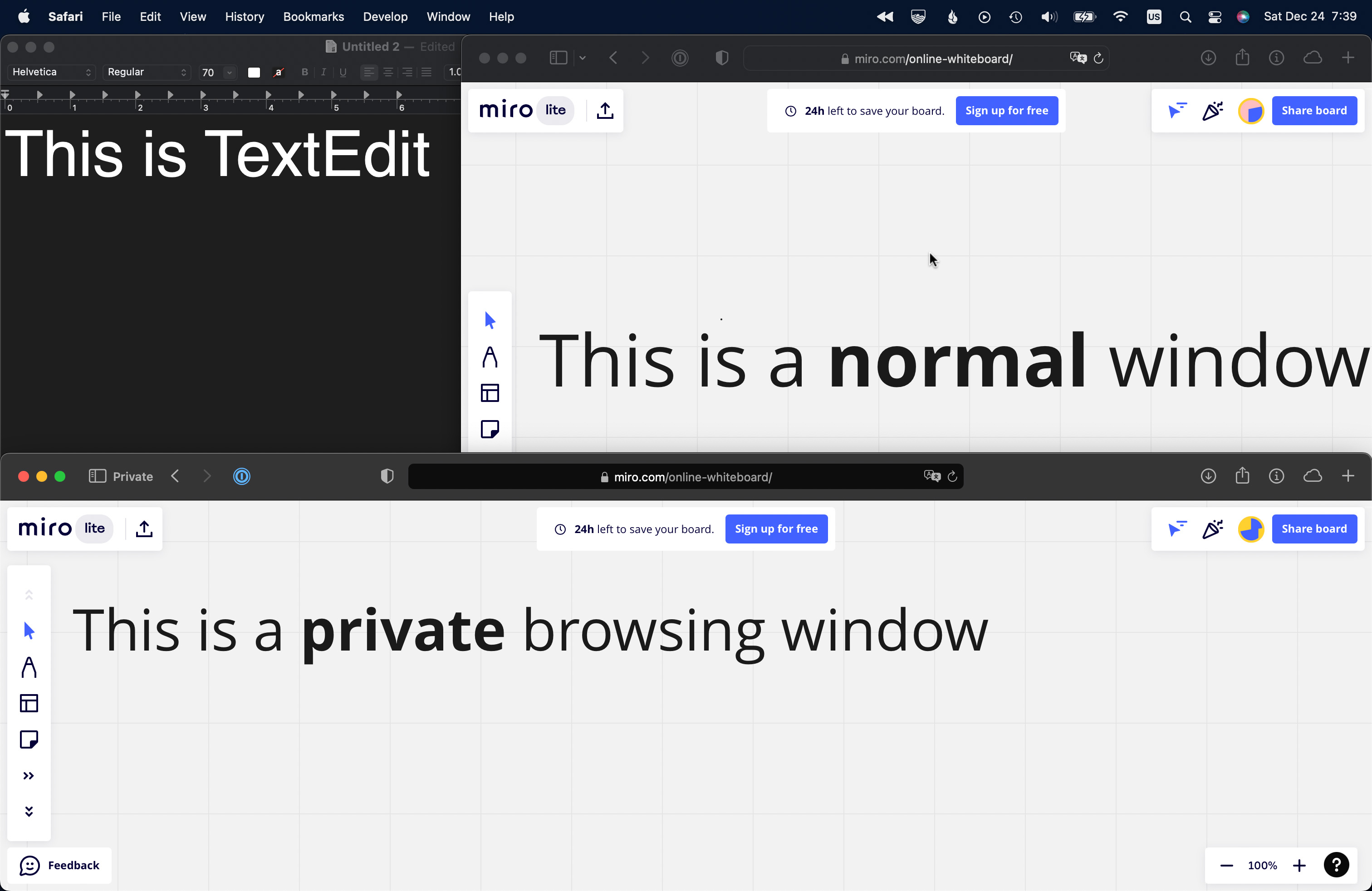 A screenshot of a three windows that read: This is TextEdit, this is a normal window, this is a private browsing window.