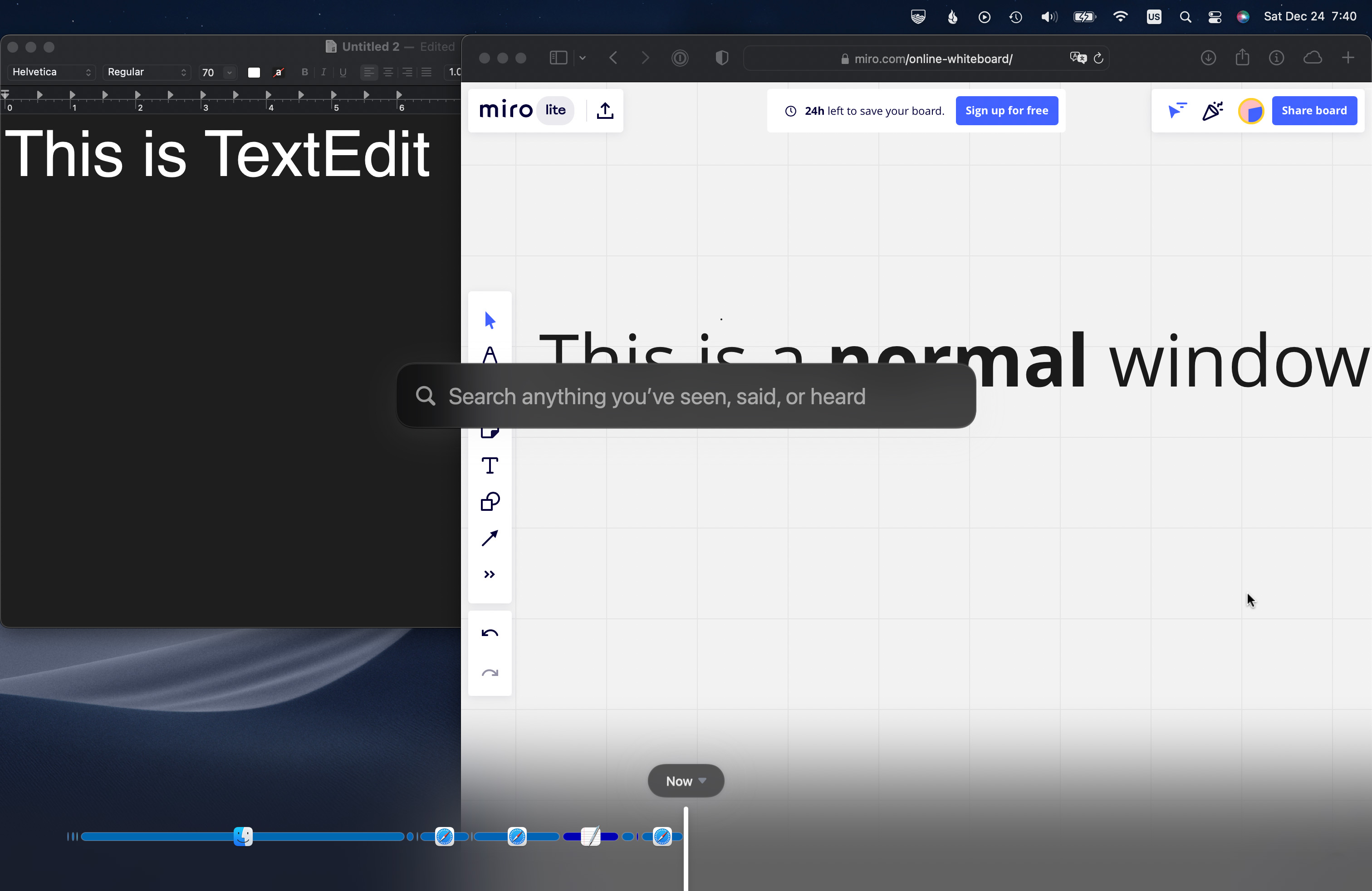 A screenshot of a two windows that read: this is TextEdit, this is a normal window. A search bar appears in front of the windows.
