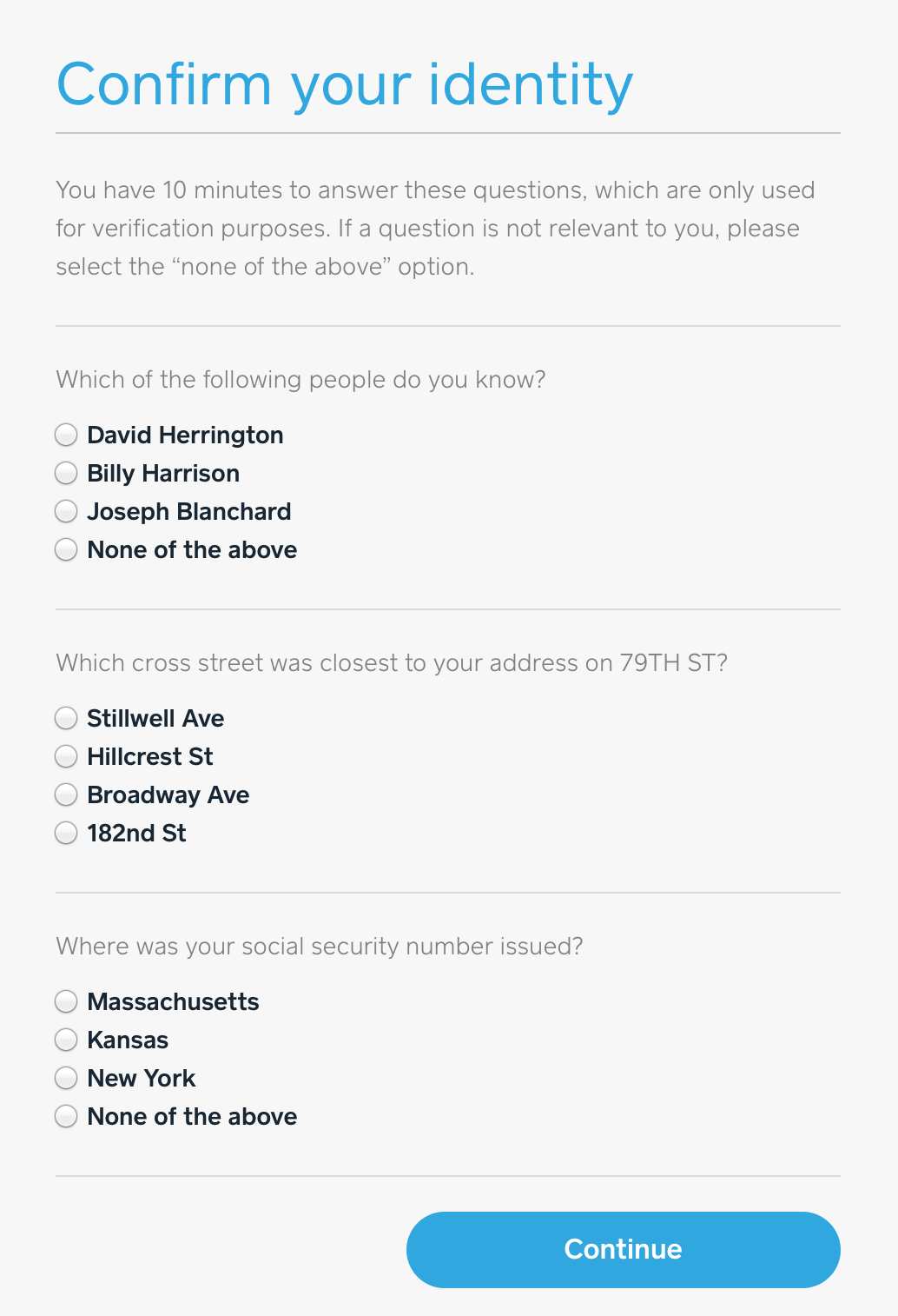 Sample questions that Square asks to verify identity