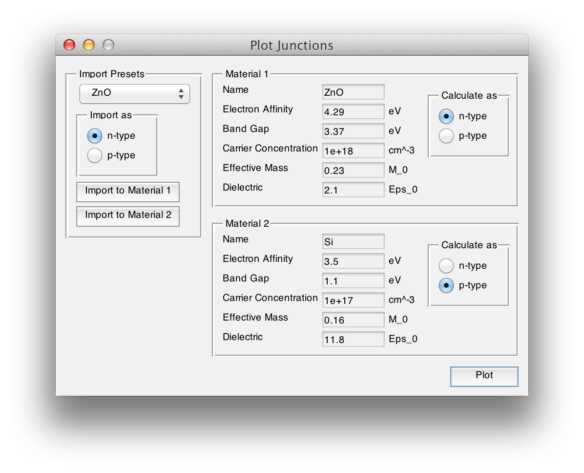 Constants input screen of Plot Junctions