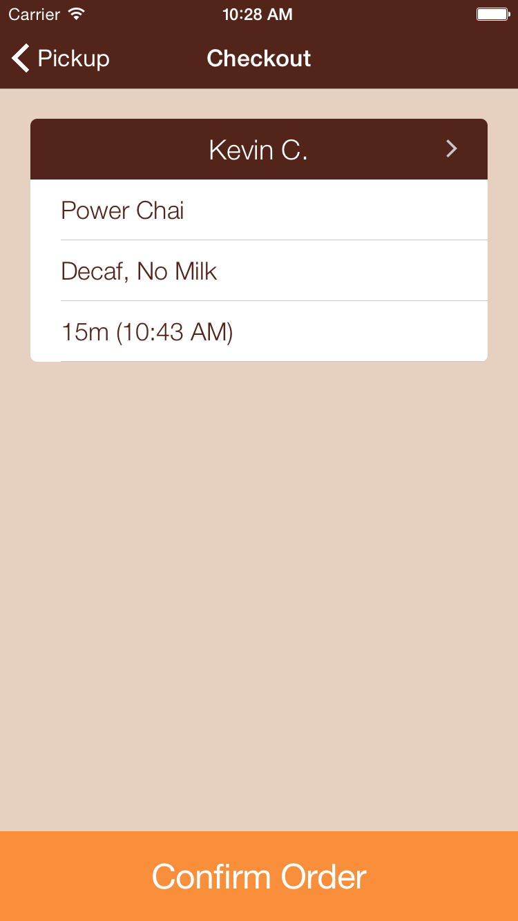 A screenshot with an order for power chai, decaf, no milk. A button at the bottom of the screen reads Confirm Order.